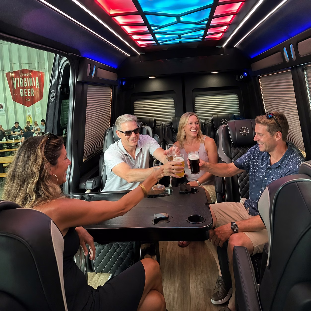 Winery tour pub crawl party bus winery tour party bus sprinter van interior passengers brewery stop 2 in Hampton Roads