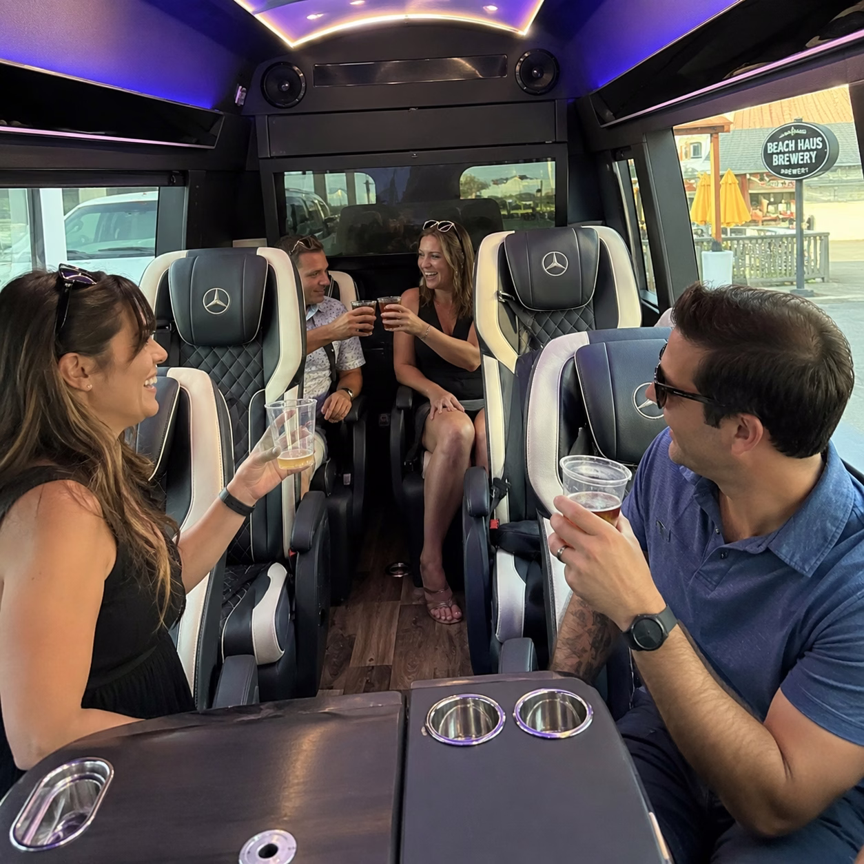 Winery tour pub crawl party bus winery tour party bus sprinter van interior passengers brewery stop in Hampton Roads